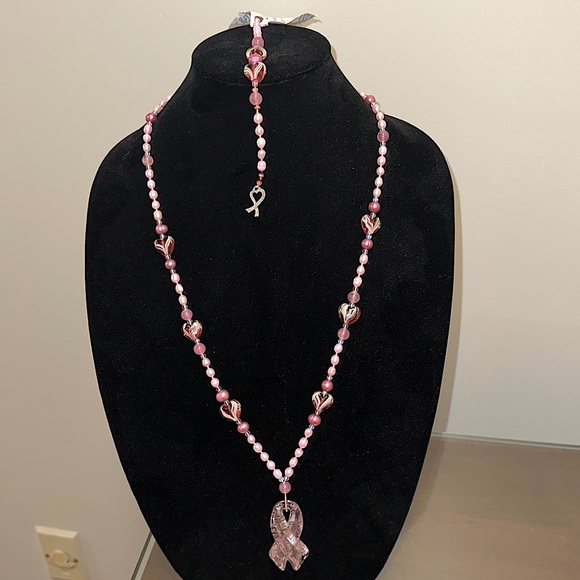 Pink Ribbon with Hearts Necklace and Bracelet Set - Picture 1 of 4